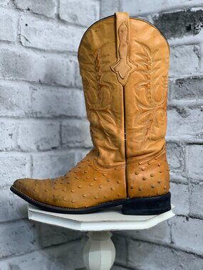 Reyme Ostrich Western Cowboy Boots Mens Tan Distressed Leather Boho Rodeo Retro